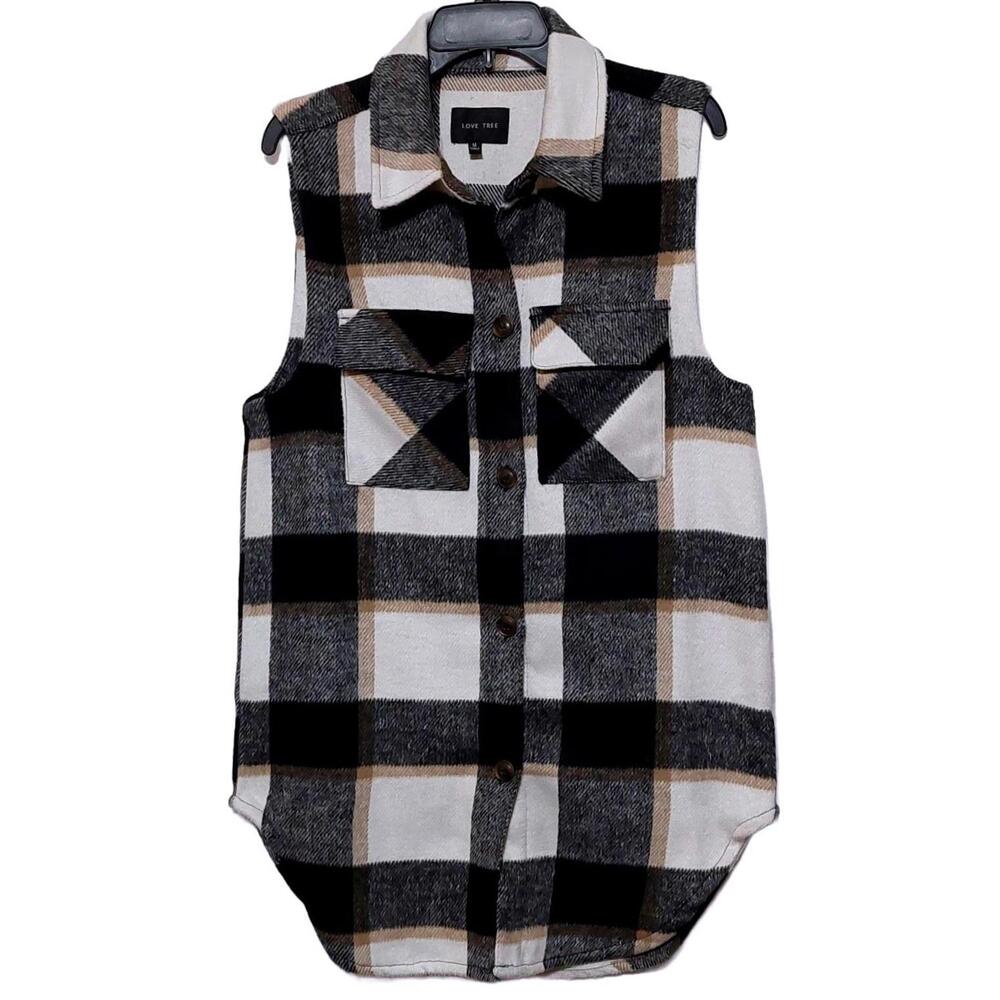 Love Tree Womens Medium Plaid Sleeveless‎ Shacket Vest Black White Tan Button Up
